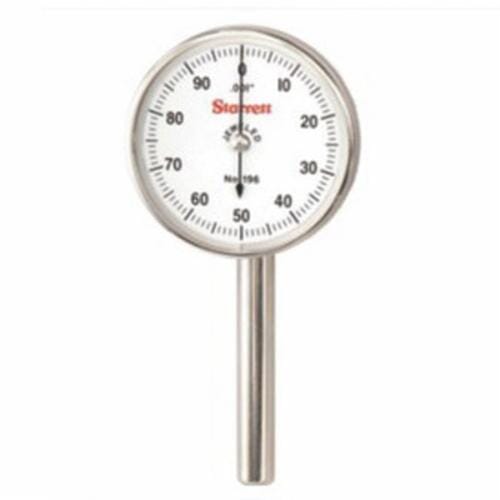 Starrett® 196B1 196 Series Universal Back Plunger Dial Indicator, 0.2 in, 0 to 100 Dial Reading, 0.001 in, 1.45 in Dial